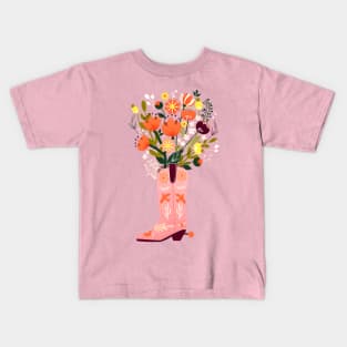 Pink Cowboy Boot and Wild Flower Bouquet Kids T-Shirt